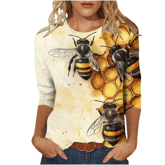 CYMMPU Loose Fit Round Neck Bee Pattern Blouses for Women Dressy Casual T-Shirts Fall Trendy Shirts Spring Tops 3/4 Sleeve Lightweight Basic Tees Multicolor L