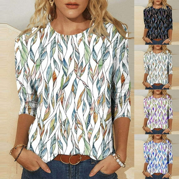 CYMMPU Loose Fit Round Neck Blouses for Women Dressy Casual 3/4 Sleeve Spring Tunic Tops Fall Trendy Shirts Flower Printed Lightweight Basic Tees Blue XXL