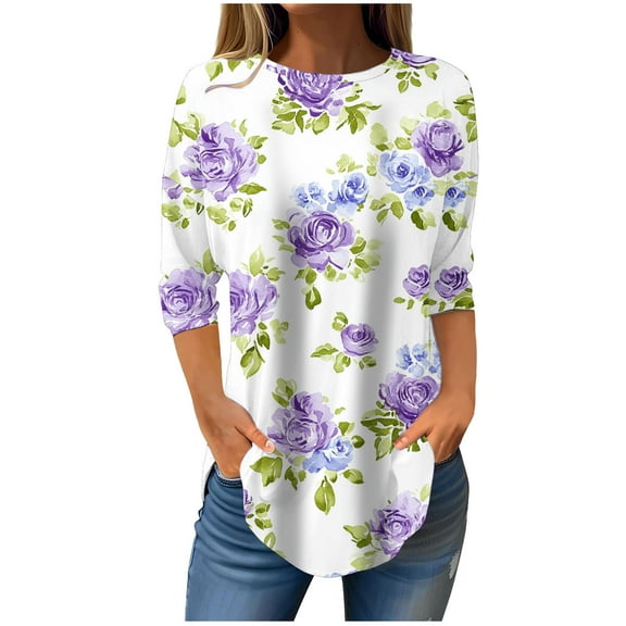 CYMMPU Loose Fit Round Neck Blouses for Women Dressy Casual Fall Fashion Shirts 3/4 Sleeve Tunic Tops Spring Tops Flower Printed Hide Low Hem Plus Size T-Shirts S