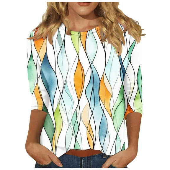 CYMMPU Loose Fit Round Neck Blouses for Women Dressy Casual T-Shirts Summer Fashion Shirts Floral Pattern 3/4 Sleeve Spring Tops Lightweight Basic T-Shirts Multicolor XXXL