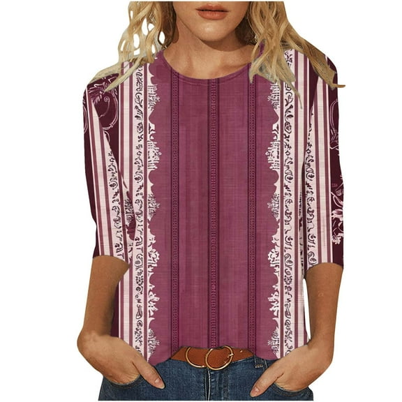 CYMMPU Loose Fit Round Neck Blouses for Women Dressy Casual Tunic Tops Fall Fashion Shirts Spring Tops Floral Pattern 3/4 Sleeve Lightweight Basic T-Shirts Wine XXXL
