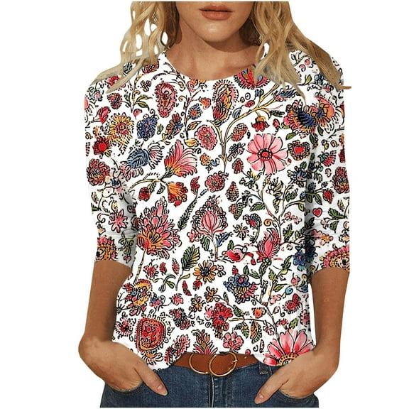 CYMMPU Loose Fit Round Neck Fall Trendy Shirts Blouses for Women Dressy Casual 3/4 Sleeve Tunic Tops Spring Tops Flower Pattern Lightweight Basic Tees Multicolor XXXXL