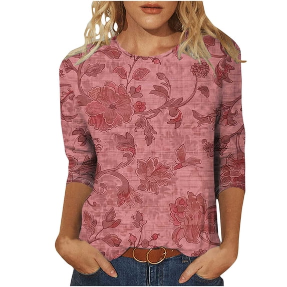 CYMMPU Loose Fit Round Neck Fall Trendy Shirts Flower Pattern 3/4 Sleeve T-Shirts Spring Tops Blouses for Women Dressy Casual Lightweight Basic Tees Red XXXXL