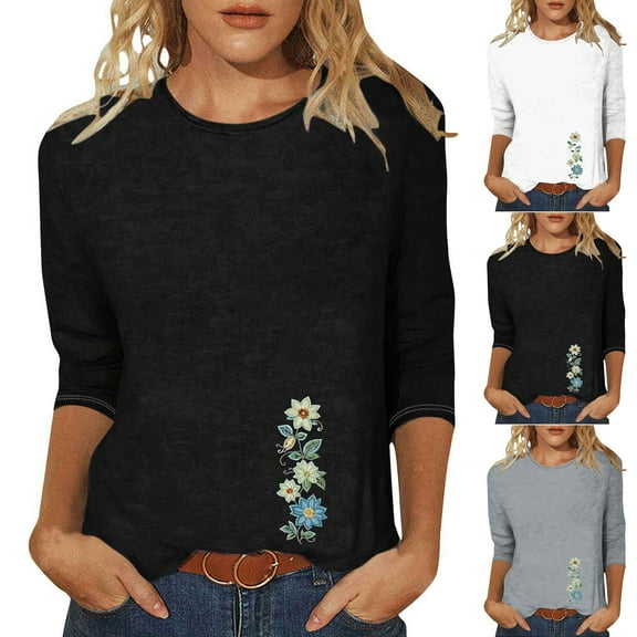 CYMMPU Loose Fit Round Neck Fall Trendy Shirts Tunic Tops Boho Blouses for Women Dressy Casual 3/4 Sleeve Spring Tops Flower Printed Lightweight Basic Tees Gray XL
