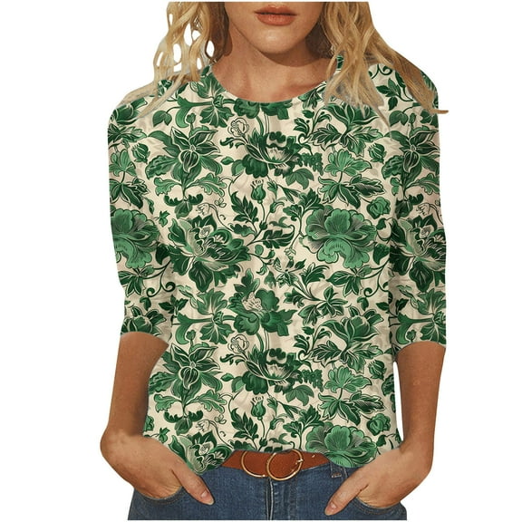 CYMMPU Loose Fit Round Neck Floral Printed 3/4 Sleeve Spring Tunic Tops Boho Blouses for Women Dressy Casual Summer Trendy Shirts Lightweight Basic Tees Multicolor S