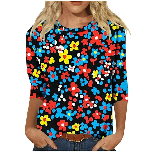 CYMMPU Loose Fit Round Neck Flower Pattern Spring Tops 3/4 Sleeve Blouses for Women Dressy Casual Tunic Tops Summer Trendy Shirts Pleated Dressy T-Shirts Blue XXL
