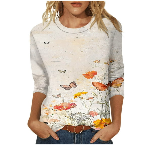 CYMMPU Loose Fit Round Neck Spring Tops Blouses for Women Dressy Casual 3/4 Sleeve Summer Fashion Shirts Tunic Tops Flower Pattern Mother's Gift Topss White S