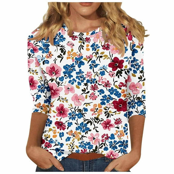 CYMMPU Loose Fit Round Neck Spring Tops Blouses for Women Dressy Casual Tunic Tops Fall Fashion Shirts Flower Printed 3/4 Sleeve Lightweight Basic T-Shirts Multicolor XXXXL