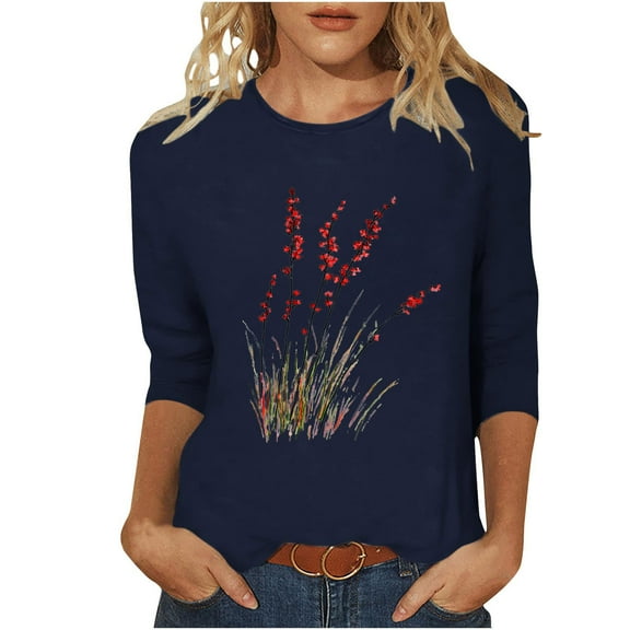 CYMMPU Loose Fit Round Neck Spring Tops Flower Printed Fall Fashion Shirts Blouses for Women Dressy Casual T-Shirts 3/4 Sleeve Lightweight Basic T-Shirts Navy M