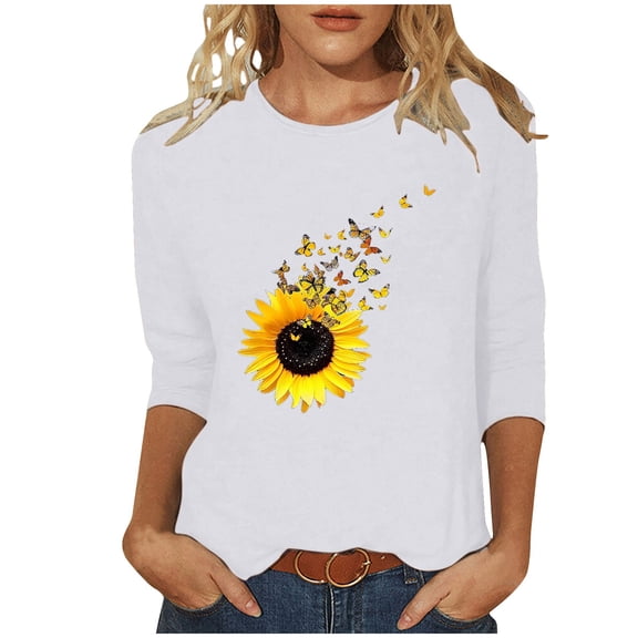 CYMMPU Loose Fit Round Neck Spring Tops Flower Printed Summer Trendy Shirts 3/4 Sleeve Blouses for Women Dressy Casual Tunic Tops Lightweight Basic Tees M