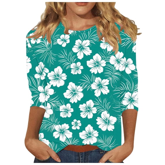 CYMMPU Loose Fit Round Neck Spring Tunic Tops 3/4 Sleeve Blouses for Women Dressy Casual Fall Trendy Shirts Flower Pattern Lightweight Basic Tees Multicolor XXXL