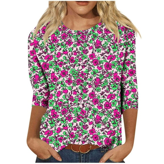 CYMMPU Loose Fit Round Neck Summer Fashion Shirts 3/4 Sleeve Blouses for Women Dressy Casual Tunic Tops Flower Pattern Spring Tops Pleated Dressy T-Shirts L