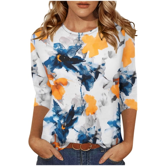 CYMMPU Loose Fit Round Neck Summer Fashion Shirts Blouses for Women Dressy Casual Floral Pattern Tunic Tops 3/4 Sleeve Spring Tops Lightweight Basic T-Shirts Yellow S