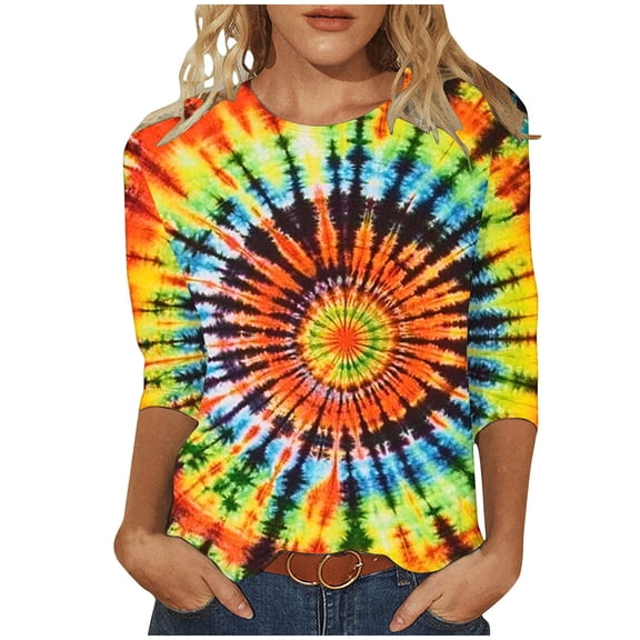 CYMMPU Loose Fit Round Neck Summer Trendy Shirts Tie Dye Spring Tunic Tops Boho Blouses for Women Dressy Casual 3/4 Sleeve Ombre T-Shirts M
