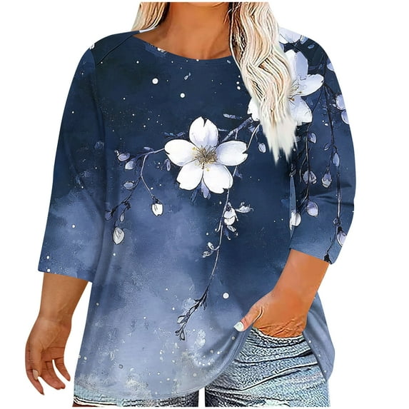 CYMMPU Loose Fit Round Neck T-Shirts Floral Pattern Fall Trendy Shirts 3/4 Sleeve Spring Tops Blouses for Women Dressy Casual Plus Size T-Shirt XXXXL