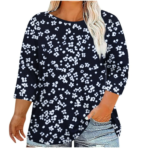 CYMMPU Loose Fit Round Neck T-Shirts Flower Printed Spring Tops Fall Trendy Shirts 3/4 Sleeve Blouses for Women Dressy Casual Plus Size T-Shirt XL