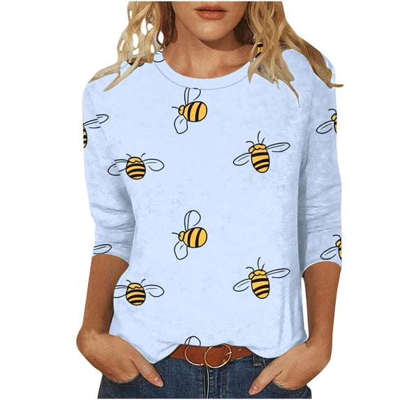 CYMMPU Loose Fit Round Neck Tunic Tops Fall Fashion Shirts Blouses for Women Dressy Casual Bee Pattern Spring Tops 3/4 Sleeve Cute Animals T-Shirts Sky Blue M