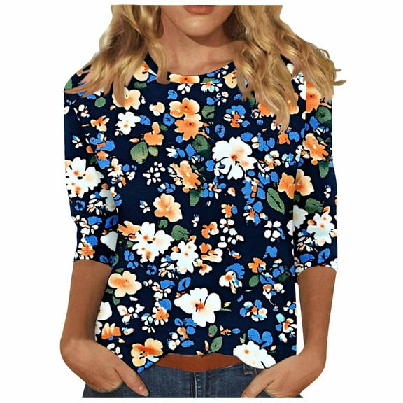 CYMMPU Loose Fit Round Neck Tunic Tops Fall Fashion Shirts Blouses for Women Dressy Casual Spring Tops Flower Pattern 3/4 Sleeve Lightweight Basic T-Shirts Multicolor XXXXL