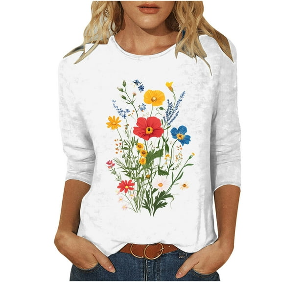 CYMMPU Loose Fit Round Neck Tunic Tops Fall Trendy Shirts 3/4 Sleeve Flower Pattern Spring Tops Blouses for Women Dressy Casual Lightweight Basic Tees White XXL