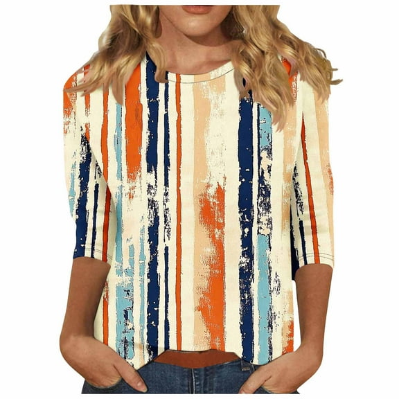 CYMMPU Loose Fit Round Neck Tunic Tops Flower Printed Fall Fashion Shirts Spring Tops 3/4 Sleeve Blouses for Women Dressy Casual Lightweight Basic T-Shirts Multicolor XL