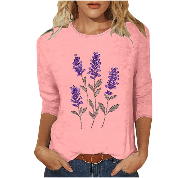 CYMMPU Loose Fit Round Neck Tunic Tops Flower Printed Spring Tops Blouses for Women Dressy Casual 3/4 Sleeve Summer Fashion Shirts Lightweight Basic T-Shirts Pink XXL