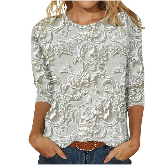 CYMMPU Loose Fit Round Neck Tunic Tops Spring Tops 3/4 Sleeve Fall Trendy Shirts Floral Pattern Blouses for Women Dressy Casual Lightweight Basic Tees Multicolor XL