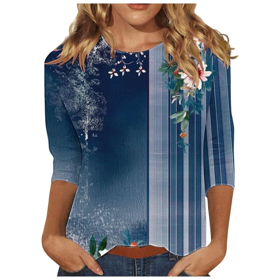 CYMMPU Loose Fit Round Neck Tunic Tops Spring Tops 3/4 Sleeve Fall Trendy Shirts Flower Pattern Blouses for Women Dressy Casual Lightweight Basic Tees Navy XL
