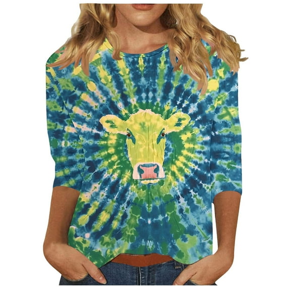 CYMMPU Loose Fit T-Shirts 3/4 Sleeve Blouses for Women Dressy Casual Spring Tops Summer Fashion Shirts Tie Dye Round Neck Ombre T-Shirts Multicolor L
