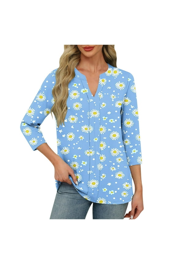 Loose Fit Tunic Tops 3/4 Sleeve Blouses for Women Dressy Casual Floral Pattern Spring Tops V Neck Summer Trendy Shirts Business Elegant Work Tops T-Shirts Light Blue S