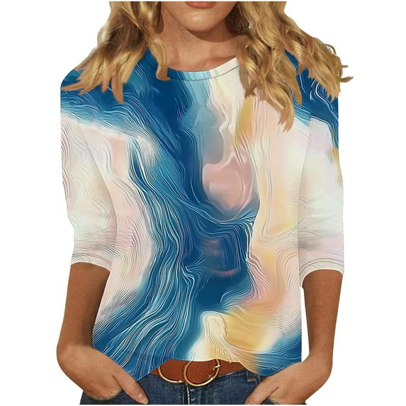CYMMPU Loose Fit Tunic Tops 3/4 Sleeve Blouses for Women Dressy Casual Floral Printed Crew Neck Summer Trendy Shirts Spring Tops Lightweight Basic Tees Multicolor XXXL