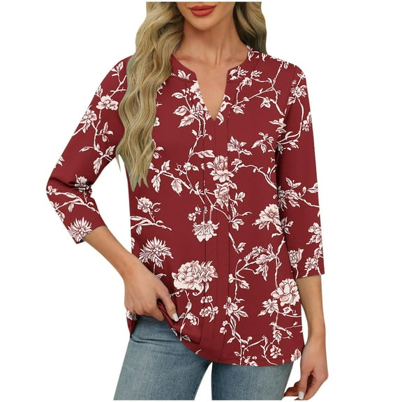 CYMMPU Loose Fit Tunic Tops 3/4 Sleeve Blouses for Women Dressy Casual Floral Printed Summer Trendy Shirts V Neck Spring Tops Business Elegant Work Tops T-Shirts Red XXL
