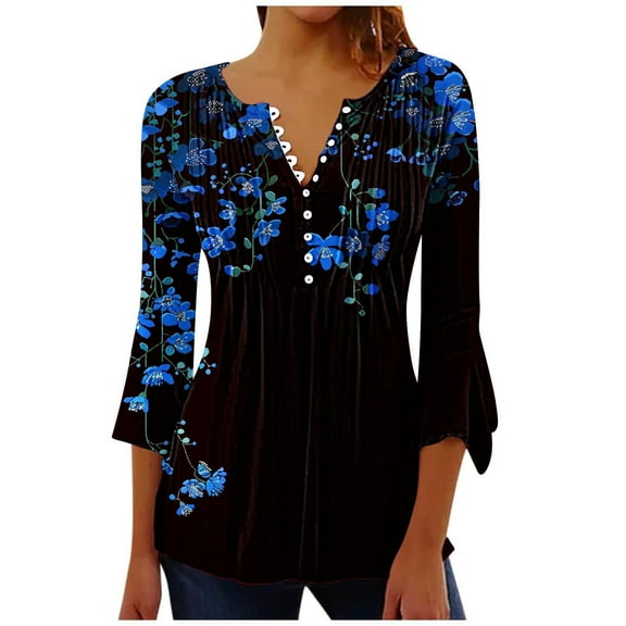 CYMMPU Loose Fit Tunic Tops 3/4 Sleeve Blouses for Women Dressy Casual Spring Tops Button V Neck Flare Sleeve Flower Printed Summer Trendy Shirts Pleated Dressy T-Shirts S
