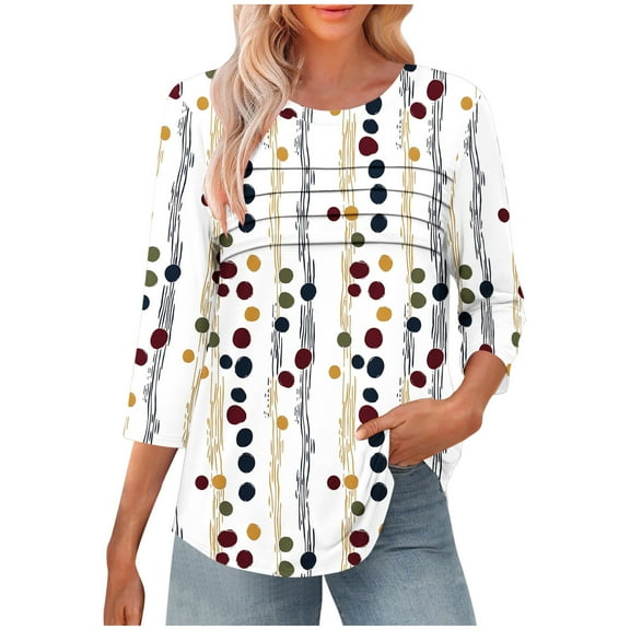 CYMMPU Loose Fit Tunic Tops 3/4 Sleeve Blouses for Women Dressy Casual Summer Trendy Shirts Flower Pattern Spring Tops Crew Neck Lightweight Basic Tees White S