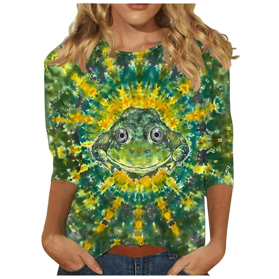 CYMMPU Loose Fit Tunic Tops 3/4 Sleeve Blouses for Women Dressy Casual Spring Tops Summer Trendy Shirts Crew Neck Tie Dye Ombre T-Shirts Multicolor L