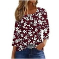 thumbnail image 1 of CYMMPU Loose Fit Tunic Tops 3/4 Sleeve Button up Crew Neck Flower Printed Blouses for Women Dressy Casual Summer Fashion Shirts Spring Tops Plus Size Blouse Wine L, 1 of 7