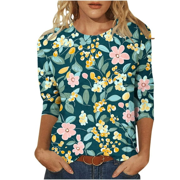 CYMMPU Loose Fit Tunic Tops 3/4 Sleeve Crew Neck Blouses for Women Dressy Casual Summer Trendy Shirts Floral Pattern Spring Tops Lightweight Basic Tees Multicolor XXXL