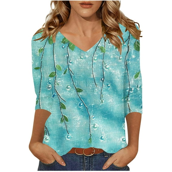 CYMMPU Loose Fit Tunic Tops 3/4 Sleeve V Neck Blouses for Women Dressy Casual Floral Printed Summer Fashion Shirts Spring Tops Business Elegant Work Topss Light Blue L