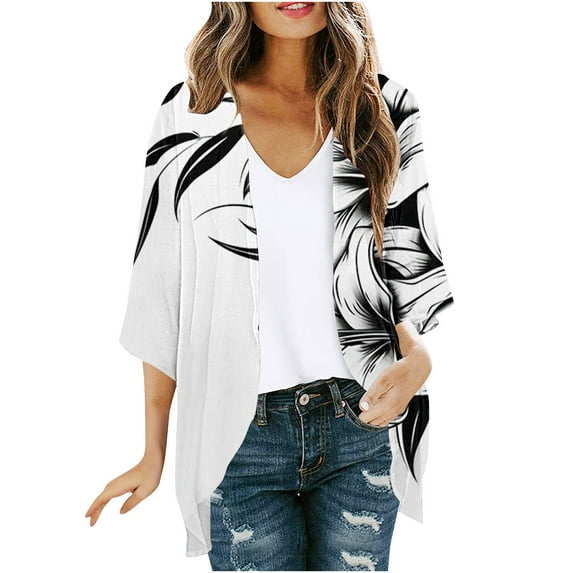 CYMMPU Loose Fit Tunic Tops Boho Blouses for Women Dressy Casual 3/4 Sleeve Flower Pattern Fall Fashion Chiffon Shirts Spring Tops Front Open Cardigan Kimono Cover Up for Beach Kimono Multicolor M