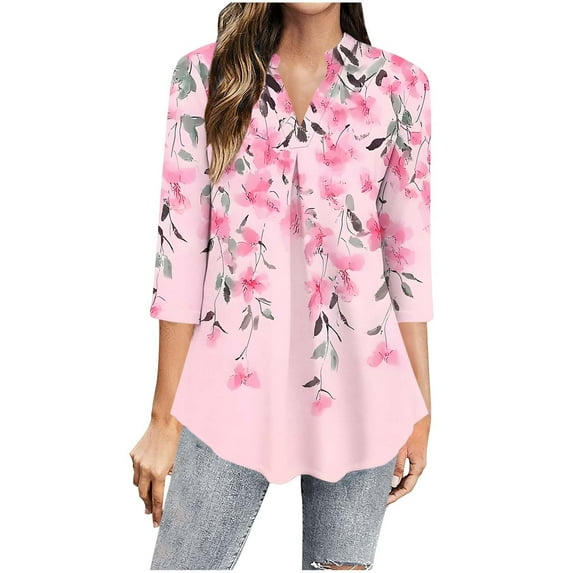 CYMMPU Loose Fit Tunic Tops Boho Blouses for Women Dressy Casual Flower Pattern 3/4 Sleeve Spring Tops Summer Trendy Shirts Pleated V Neck Flowy Tops T-Shirts Pink S