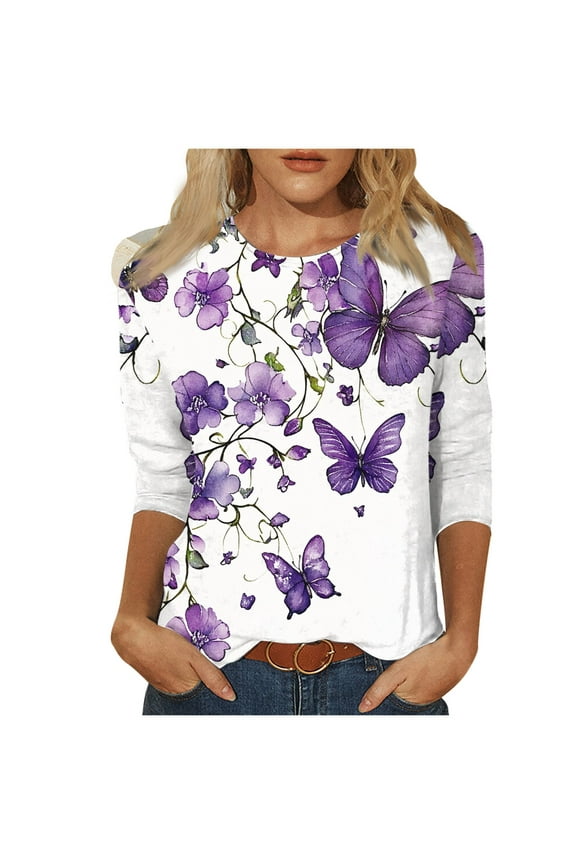 Loose Fit Tunic Tops Boho Blouses for Women Dressy Casual Flower Pattern Summer Fashion Shirts Spring Tops Round Neck 3/4 Sleeve Lightweight Basic T-Shirts Purple XL