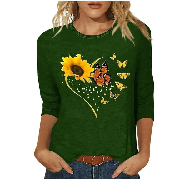 CYMMPU Loose Fit Tunic Tops Boho Blouses for Women Dressy Casual Flower Printed Spring Tops Summer Trendy Shirts Crew Neck 3/4 Sleeve Lightweight Basic Tees L