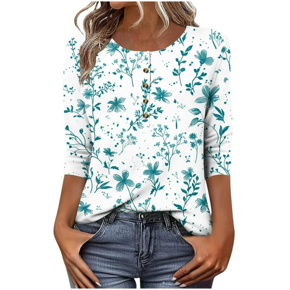 CYMMPU Loose Fit Tunic Tops Boho Blouses for Women Dressy Casual Spring Tops Button up V Neck 3/4 Sleeve Floral Printed Summer Fashion Shirts Business Elegant Work Topss Light Blue M