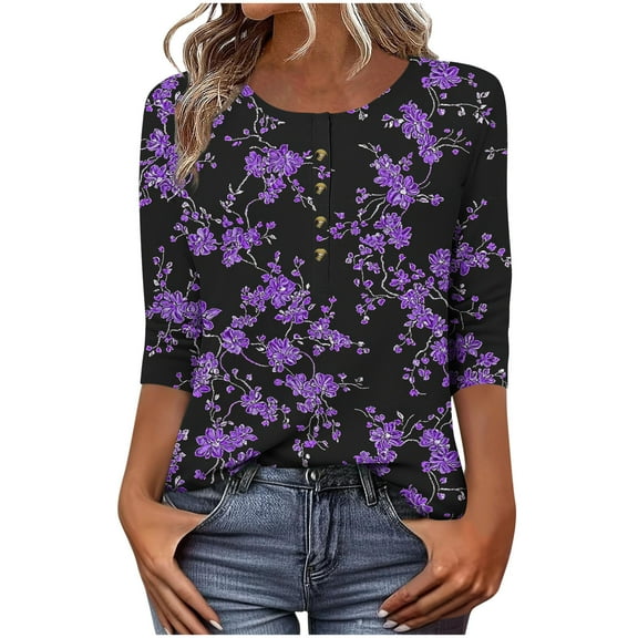 CYMMPU Loose Fit Tunic Tops Boho Blouses for Women Dressy Casual Spring Tops Button up V Neck Summer Trendy Shirts 3/4 Sleeve Flower Pattern Business Elegant Work Tops T-Shirts Purple M