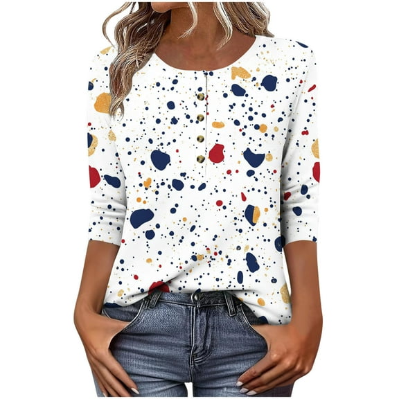 CYMMPU Loose Fit Tunic Tops Boho Blouses for Women Dressy Casual Spring Tops Flower Printed Summer Trendy Shirts 3/4 Sleeve Button up V Neck Business Elegant Work Tops T-Shirts White M