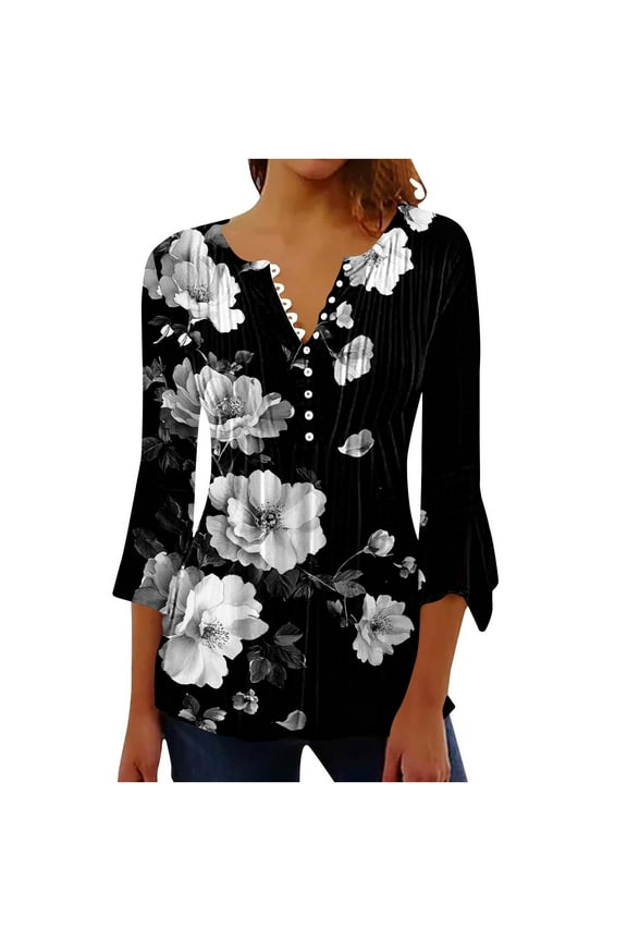 Loose Fit Tunic Tops Boho Blouses for Women Dressy Casual Spring Tops Summer Fashion Shirts Floral Printed 3/4 Sleeve Button V Neck Flare Sleeve Pleated Dressy T-Shirts Multicolor M
