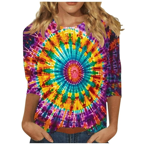 CYMMPU Loose Fit Tunic Tops Boho Blouses for Women Dressy Casual Summer Trendy Shirts 3/4 Sleeve Spring Tops Tie Dye Crew Neck Ombre T-Shirts XXL