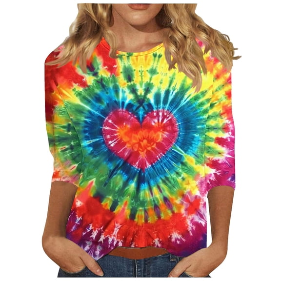 CYMMPU Loose Fit Tunic Tops Boho Blouses for Women Dressy Casual Summer Trendy Shirts Spring Tops Tie Dye Crew Neck 3/4 Sleeve Ombre T-Shirts XXL