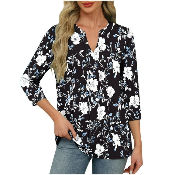 CYMMPU Loose Fit V Neck 3/4 Sleeve Blouses for Women Dressy Casual Flower Printed Fall Trendy Shirts Spring Tunic Tops Business Elegant Work Tops T-Shirts Black XXL