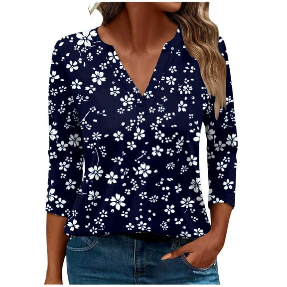 CYMMPU Loose Fit V Neck 3/4 Sleeve Flower Printed Blouses for Women Dressy Casual Spring Tunic Tops Fall Fashion Shirts Business Elegant Work Topss Multicolor XXXXL