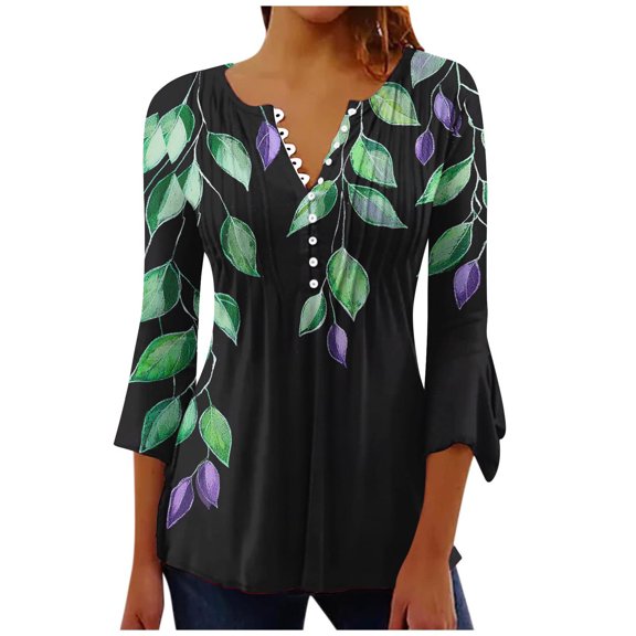 CYMMPU Loose Fit V Neck 3/4 Sleeve Spring Tunic Tops Fall Trendy Shirts Floral Printed Blouses for Women Dressy Casual A-line Dressy Tops T-Shirts Black S